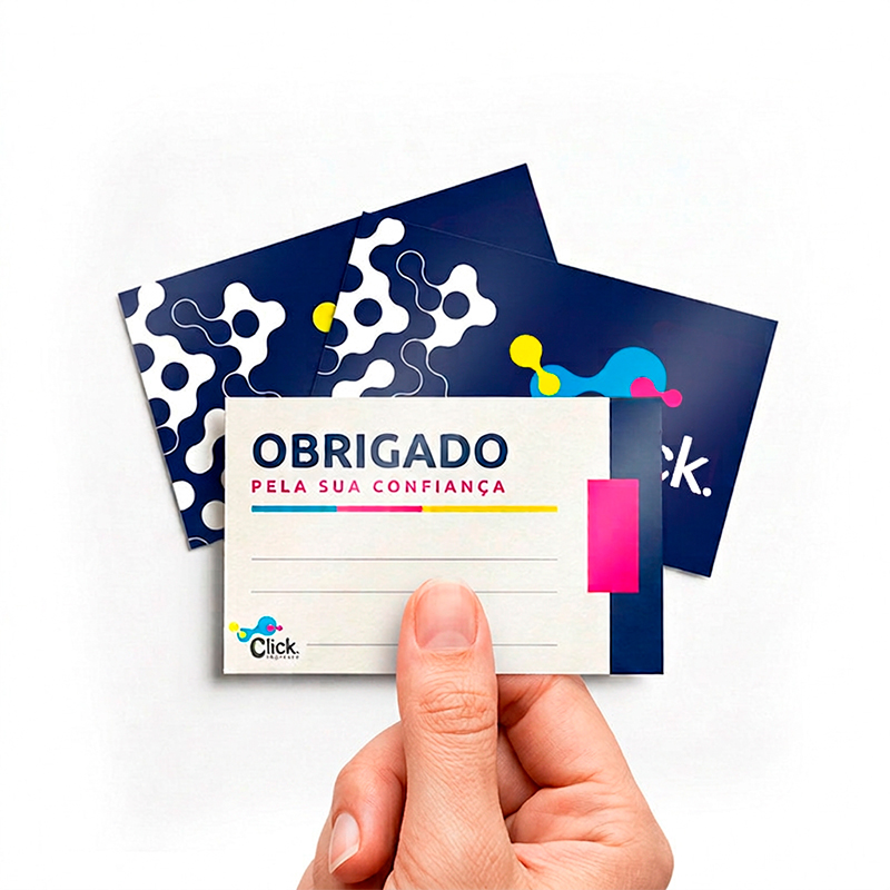 Cartão agradecimento 9x5cm, impressão frente e verso, corte reto